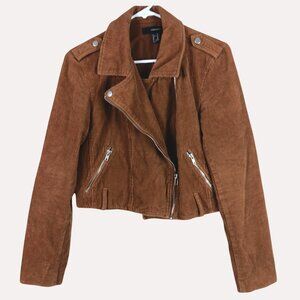 Forever 21 Corduroy Cropped Moto Jacket Womens M Brown Biker 70s Grunge
